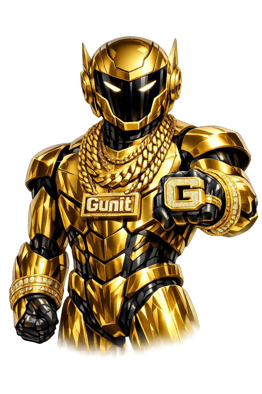 Gunit mascot: a gold and graphite armoured figure representing the Gunit trading system